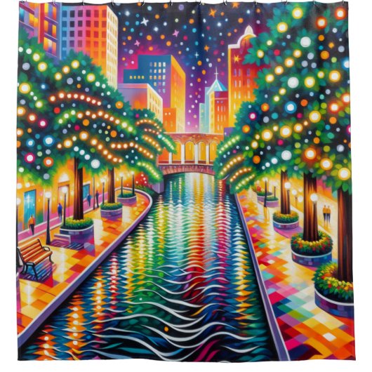 "Starry Night Riverwalk Celebration: San Antonio" Duschvorhang (Vorderseite)