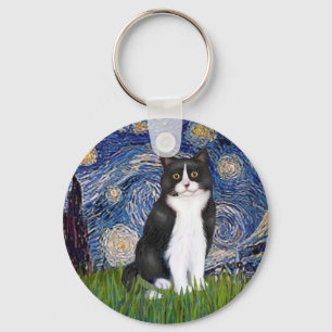 Starry Night - Schwarze und Weiße Katze Schlüsselanhänger