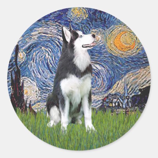 Starry Night - Sibirischer Husky #1 Runder Aufkleber (Vorderseite)