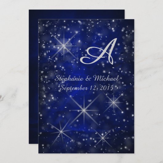 Starry Night Silver Monogram Elegant Blue Einladung (Vorne/Hinten)