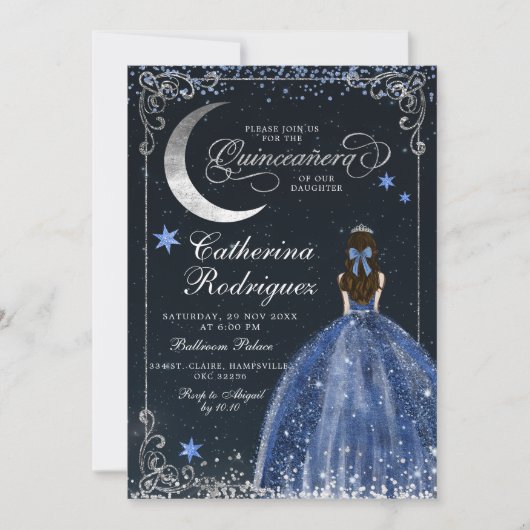 Starry Night Silver und Dark Blue Quinceanera Einladung (Vorderseite)