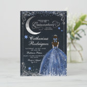Starry Night Silver und Dark Blue Quinceanera Einladung (Stehend Vorderseite)