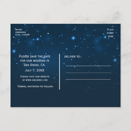 Starry Night Sky Celestial Save the Date Postcard Ankündigungspostkarte (Rückseite)