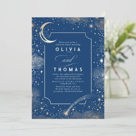 Starry Night Sky Crescent Moon Probe Dinner Einladung (Stehend Vorderseite)