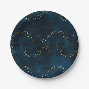 Starry Night Sky Dark Blue Golden Stars Spirale Pappteller