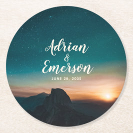 Starry Night Sky Mountain & Sunset Wedding Modern Runder Pappuntersetzer