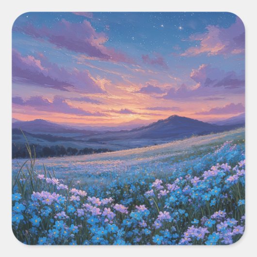 Starry Night Sky Over Blue Wildflower Meadow Quadratischer Aufkleber (Vorderseite)