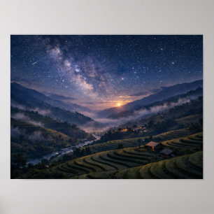 Starry Night Sky Rice Terraces Valley Landscape Poster
