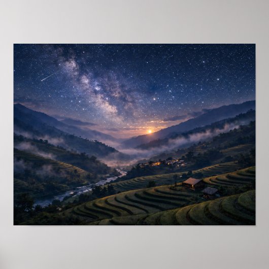 Starry Night Sky Rice Terraces Valley Landscape Poster (Vorne)