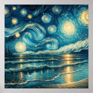 Starry Night Sky über den ruhigen Ozean Poster