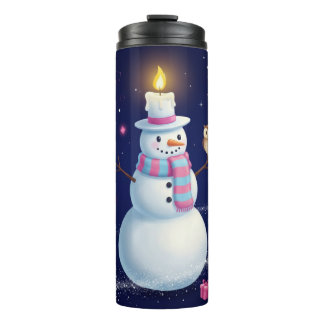 Starry Night Snowman with Candle Hat and Owl Thermosbecher