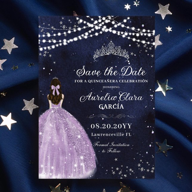 Starry Night Star Lila Quinceañera Save the Date Magnetkarte (starry nights under the stars purple lilac dress princess silver quinceanera sweet 16 save the date )