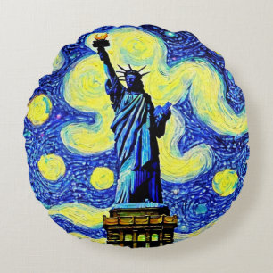 Starry Night Statue of Liberty New York Rundes Kissen