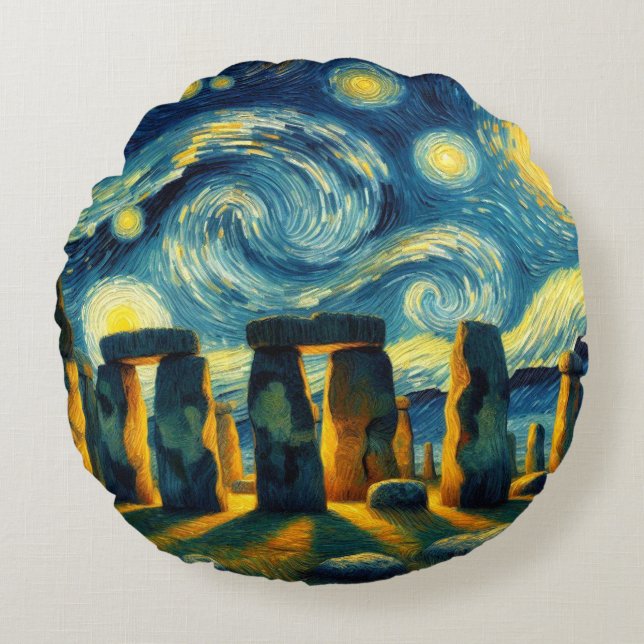 Starry Night Stonehenge Rundes Kissen (Vorderseite)
