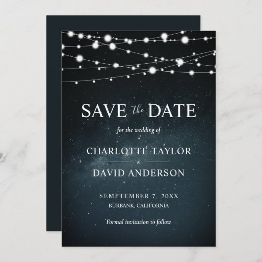 Starry Night String Light Wedding Save the Date (Vorne/Hinten)