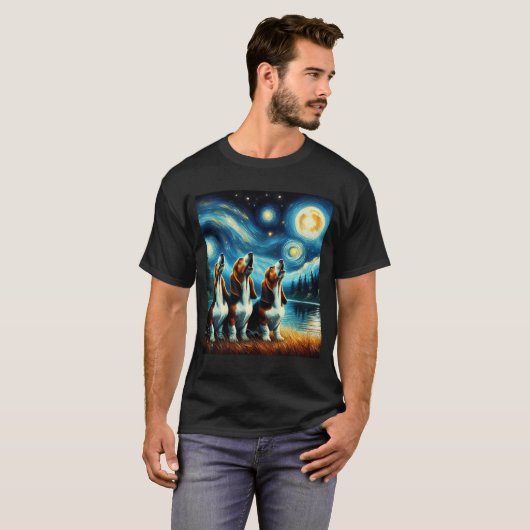 Starry Night Three Basset Hounds Howling Howling a T-Shirt (Vorne ganz)