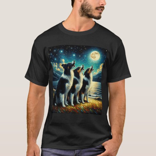 Starry Night Three Border Collieses Howling on Moo T-Shirt (Vorderseite)