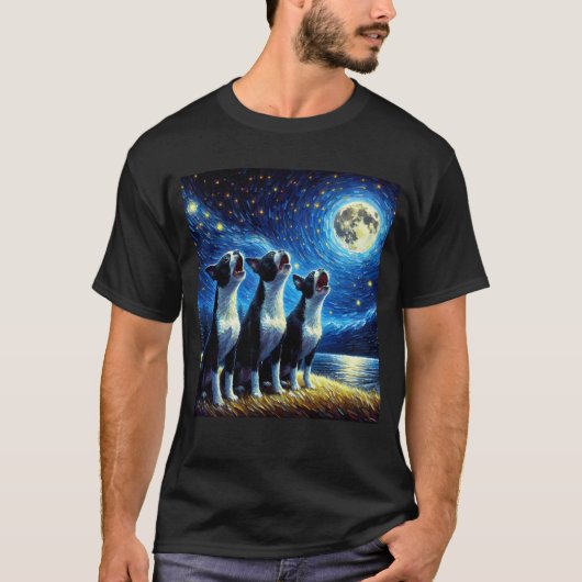 Starry Night Three Boston Terriers Howling T-Shirt (Vorderseite)