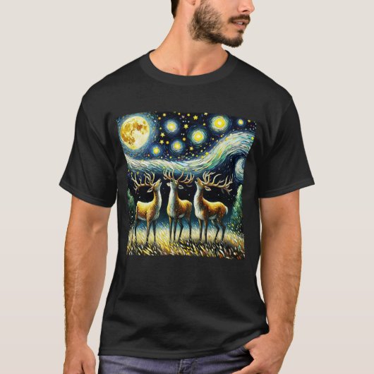 Starry Night Three Deers Howling am Moon Van Gogh T-Shirt (Vorderseite)