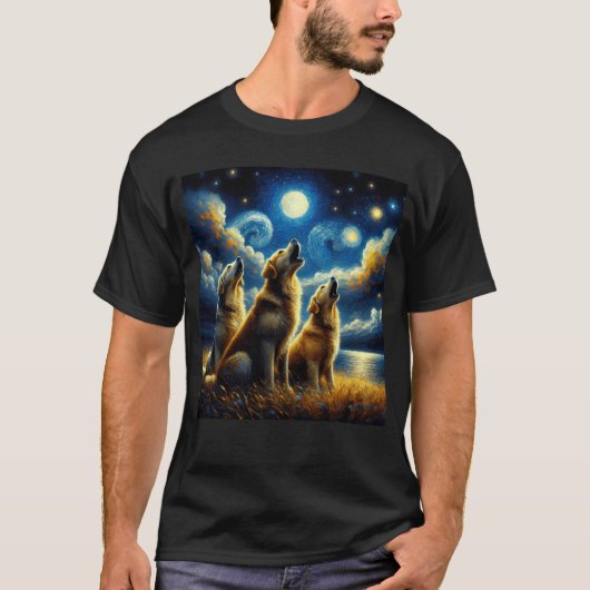 Starry Night Three Golden Retrievers Howling T-Shirt (Vorderseite)