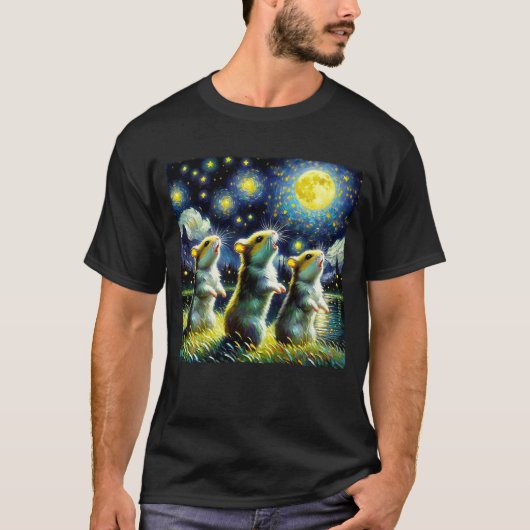 Starry Night Three Hamsters Howling am Moon Van T-Shirt (Vorderseite)