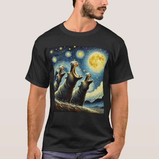 Starry Night Three Hippos Howling bei Moon Van T-Shirt (Vorderseite)