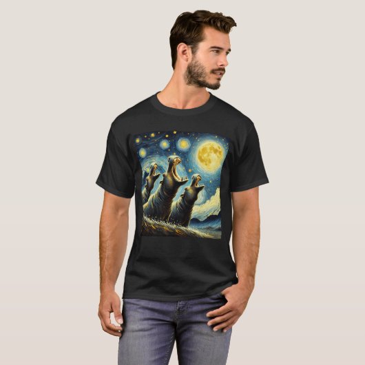 Starry Night Three Hippos Howling bei Moon Van T-Shirt (Vorne ganz)