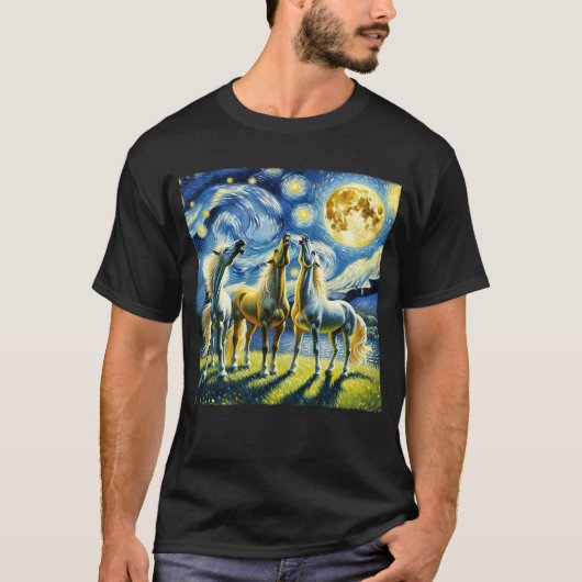 Starry Night Three Horses Howling at Moon Van T-Shirt (Vorderseite)