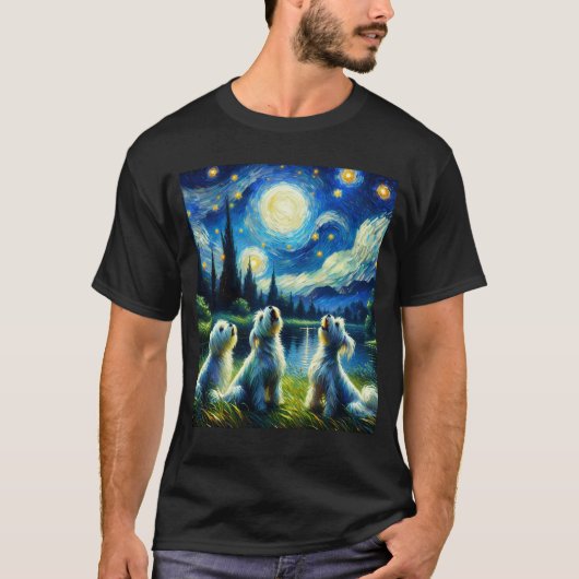 Starry Night Three Maltese Howling at Moon Dog T-Shirt (Vorderseite)