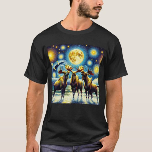 Starry Night Three Mooses Howling am Moon Van T-Shirt (Vorderseite)