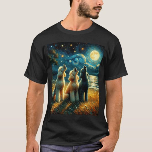 Starry Night Three Poodles Howling beim Mondhund T-Shirt (Vorderseite)