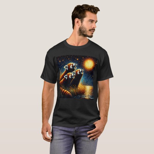 Starry Night Three Red Pandas Howling auf dem Moon T-Shirt (Vorne ganz)