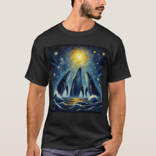 Starry Night Three Whales Howling at Moon Whale T-Shirt (Vorderseite)