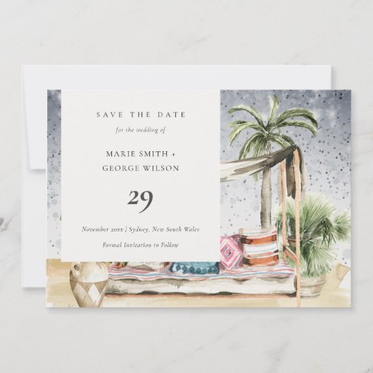 Starry Night Tropical Cabana Save the Date Card Dankeskarte (Vorderseite)