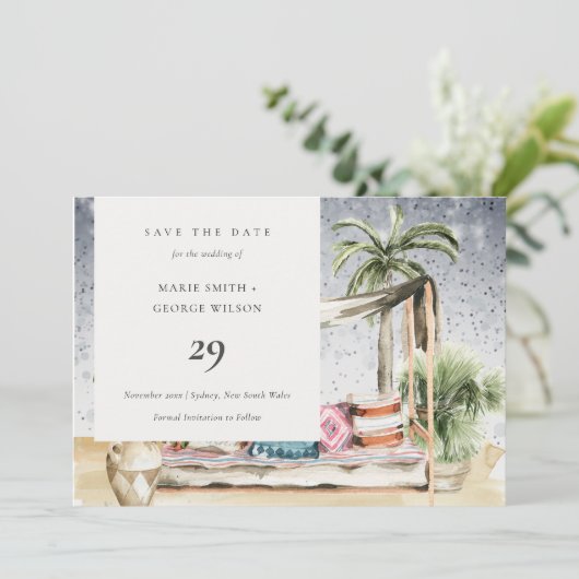 Starry Night Tropical Cabana Save the Date Card Dankeskarte (Stehend Vorderseite)