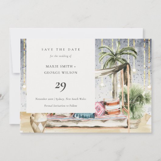 Starry Night Tropical Cabana Save the Date Card Dankeskarte (Vorderseite)