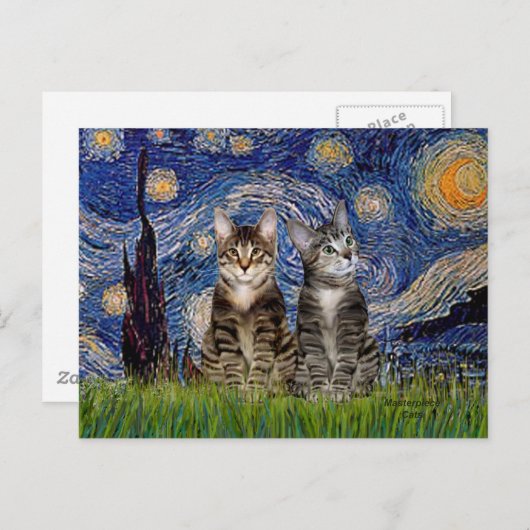 Starry Night - Two Tabby Tiger Cats Postkarte (Vorne/Hinten)