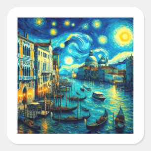 Starry Night Venice Italien Quadratischer Aufkleber