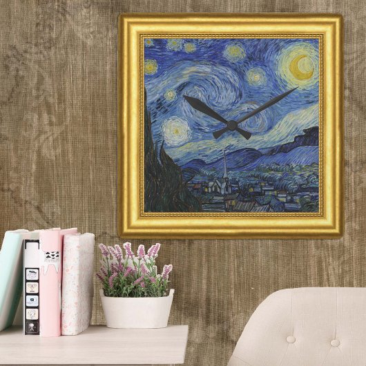 Starry Night, Vincent Van Gogh Gerahmt Quadratische Wanduhr