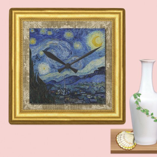 Starry Night, Vincent Van Gogh, Gerahmte Leinwand Quadratische Wanduhr