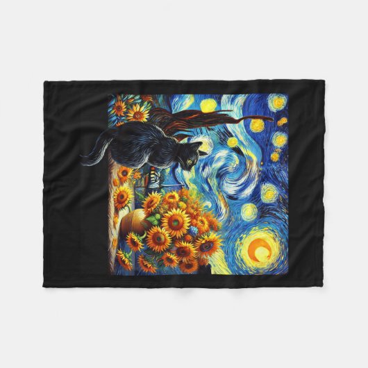 Starry Night Vincent Van Gogh Sunflowers Cat Lover Fleecedecke (Vorderseite (Horizontal))