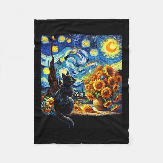 Starry Night Vincent Van Gogh Sunflowers Cat Lover Fleecedecke (Vorderseite)