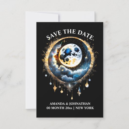 Starry night Vollmond Himmelsblau Gold Save The Date (Vorderseite)