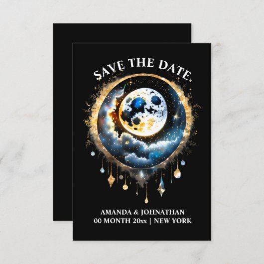 Starry night Vollmond Himmelsblau Gold Save The Date (Vorne/Hinten)