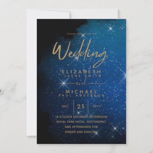 Starry Night Wedding Navy Gold Galaxy Celestial Einladung (Vorderseite)