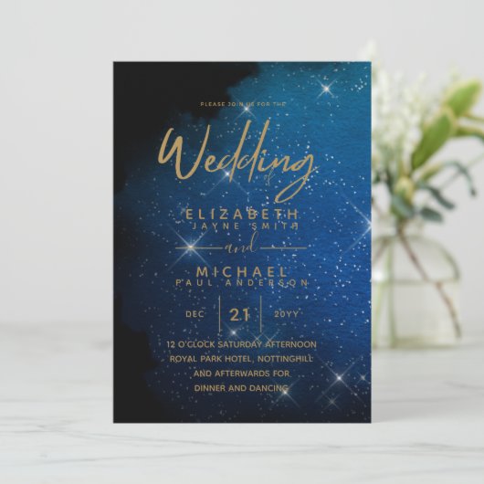 Starry Night Wedding Navy Gold Galaxy Celestial Einladung (Stehend Vorderseite)