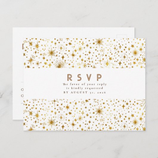 Starry Night White and Gold Wedding RSVP Postkarte (Vorne/Hinten)