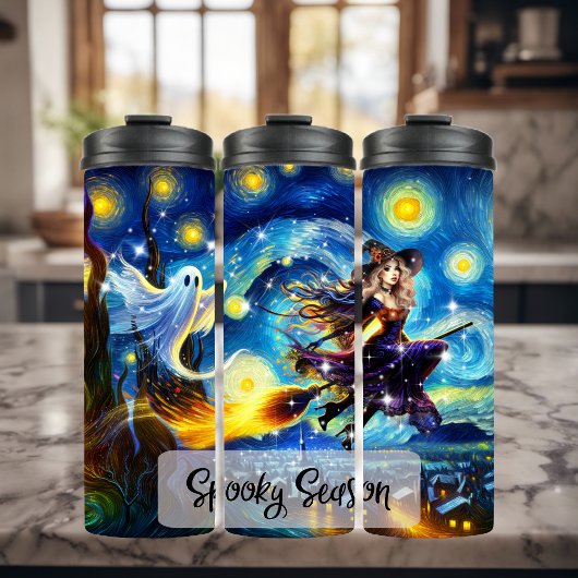 Starry Night Witchy Halloween Design Thermosbecher