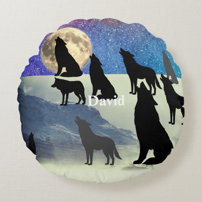 Starry Night Wolfpack Rundes Kissen (Vorderseite)