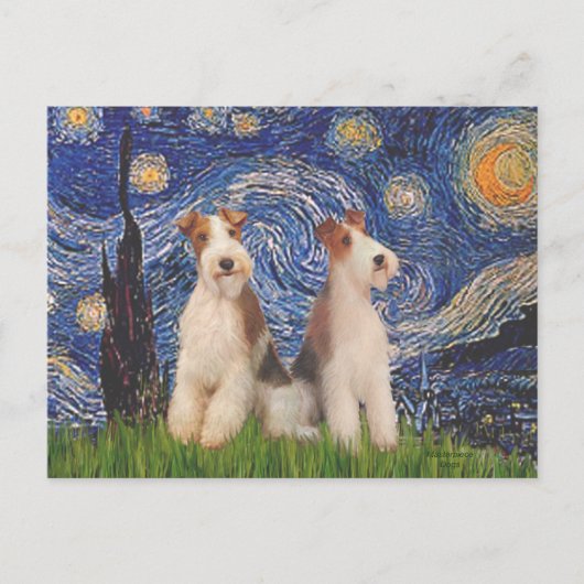 Starry Night - Zwei Wire Fox Terrier Postkarte (Vorderseite)